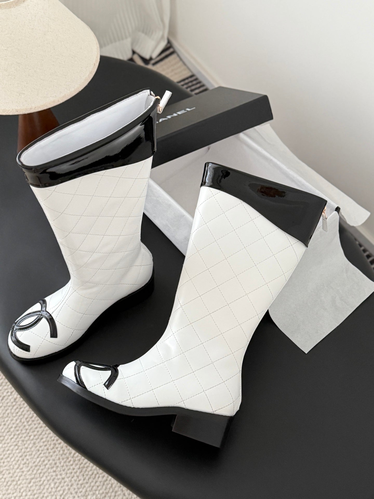 CC 2025 Vintage Cambon Mid-Calf Boots White Black Cowhide 550638