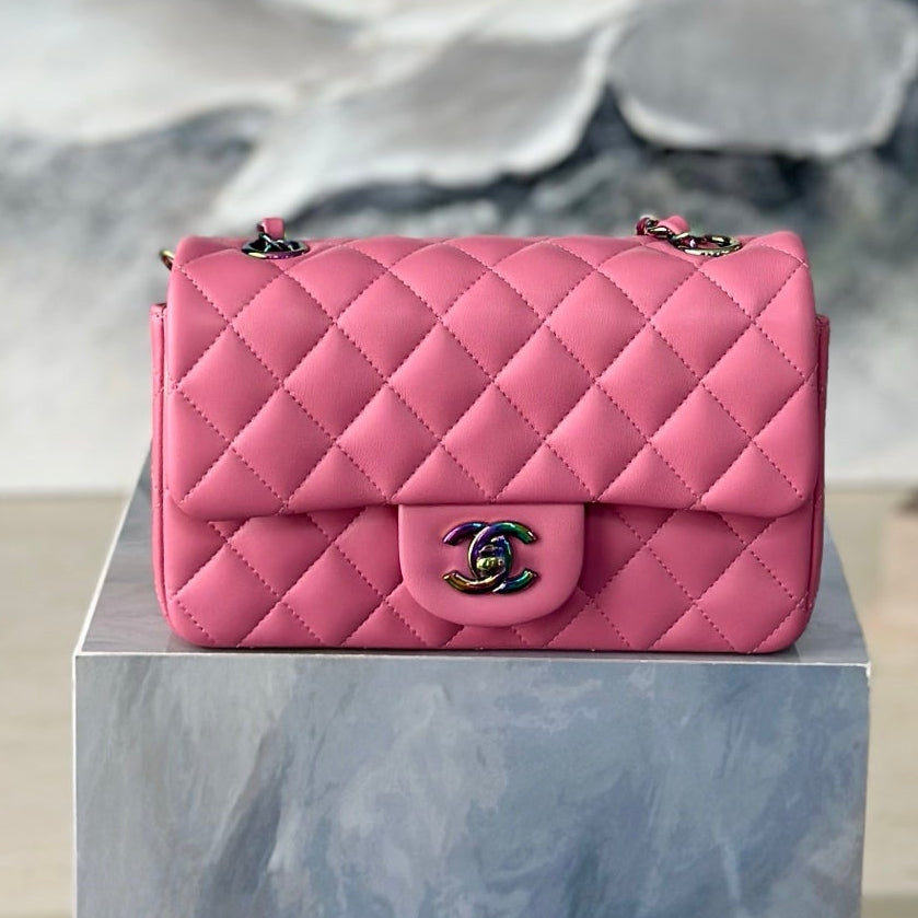 Chanel 2026 Flap Bag 20cm Pink Quilted Leather Rainbow Buckle