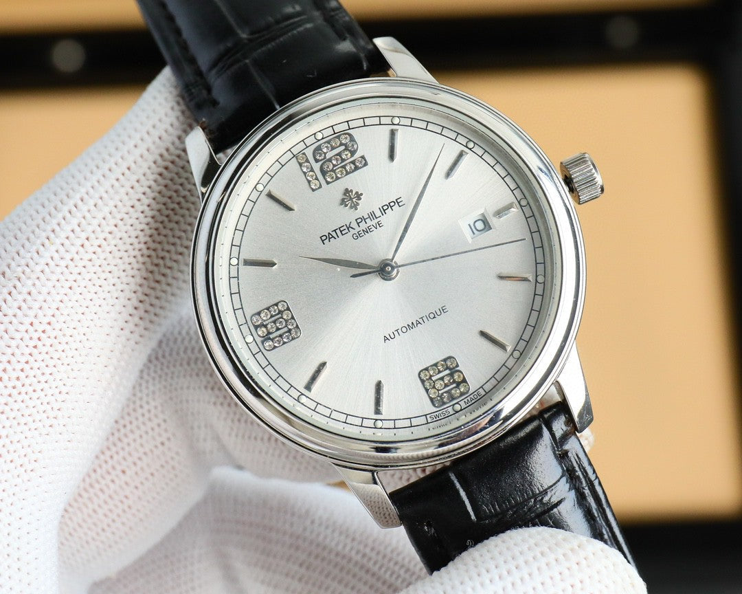 Patek Philippe Calatrava 40mm Gemstone-set Hour Marker Silver Dial Black Leather Strap