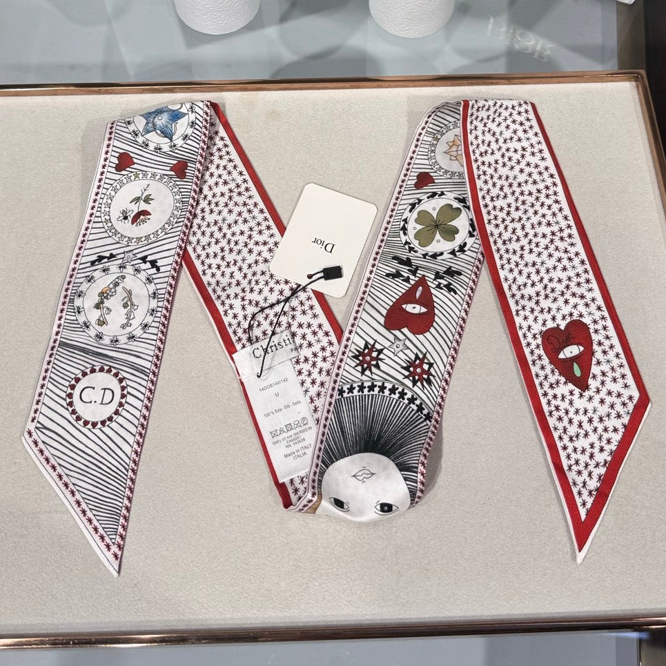 Dior 2026 Le Monde Mitzah Scarf 100cm White Mix Red Silk 203876