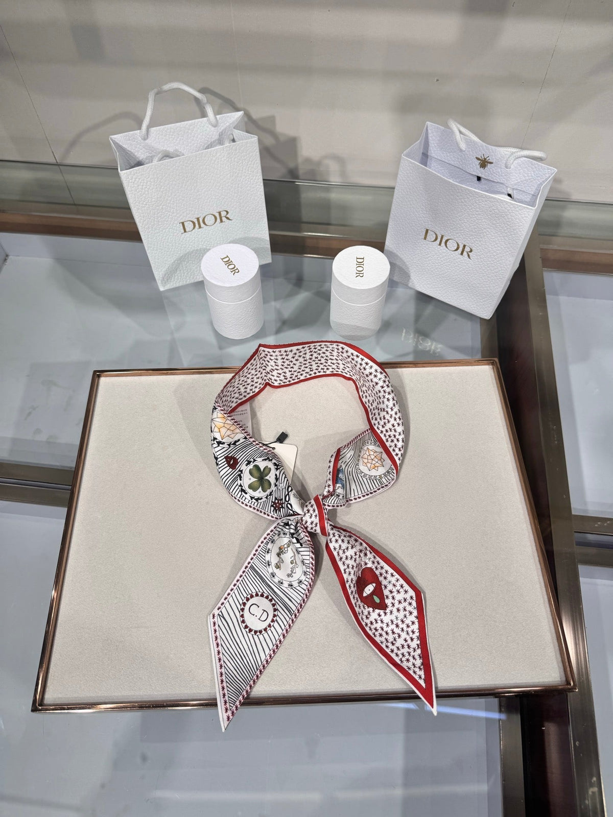 Dior 2026 Le Monde Mitzah Scarf 100cm White Mix Red Silk 203876