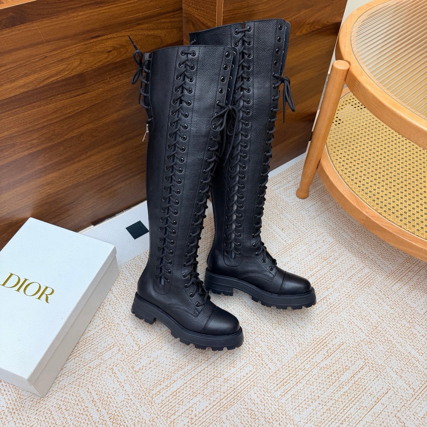 Dior 2026 Diorebel Knee-High Combat Boots Black Cowhide 973977