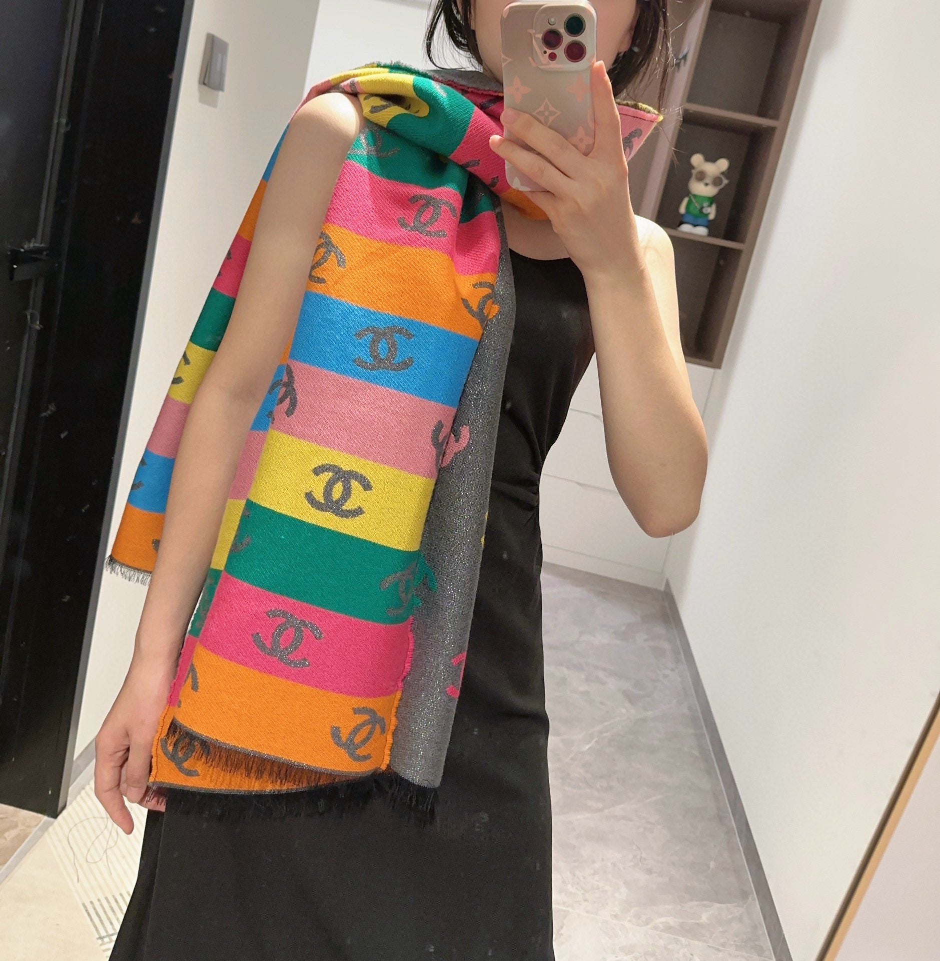 CC Scarf 180 CM In Black Mix Rainbow Cashmere And Wool Mix Mulberry Silk 401988