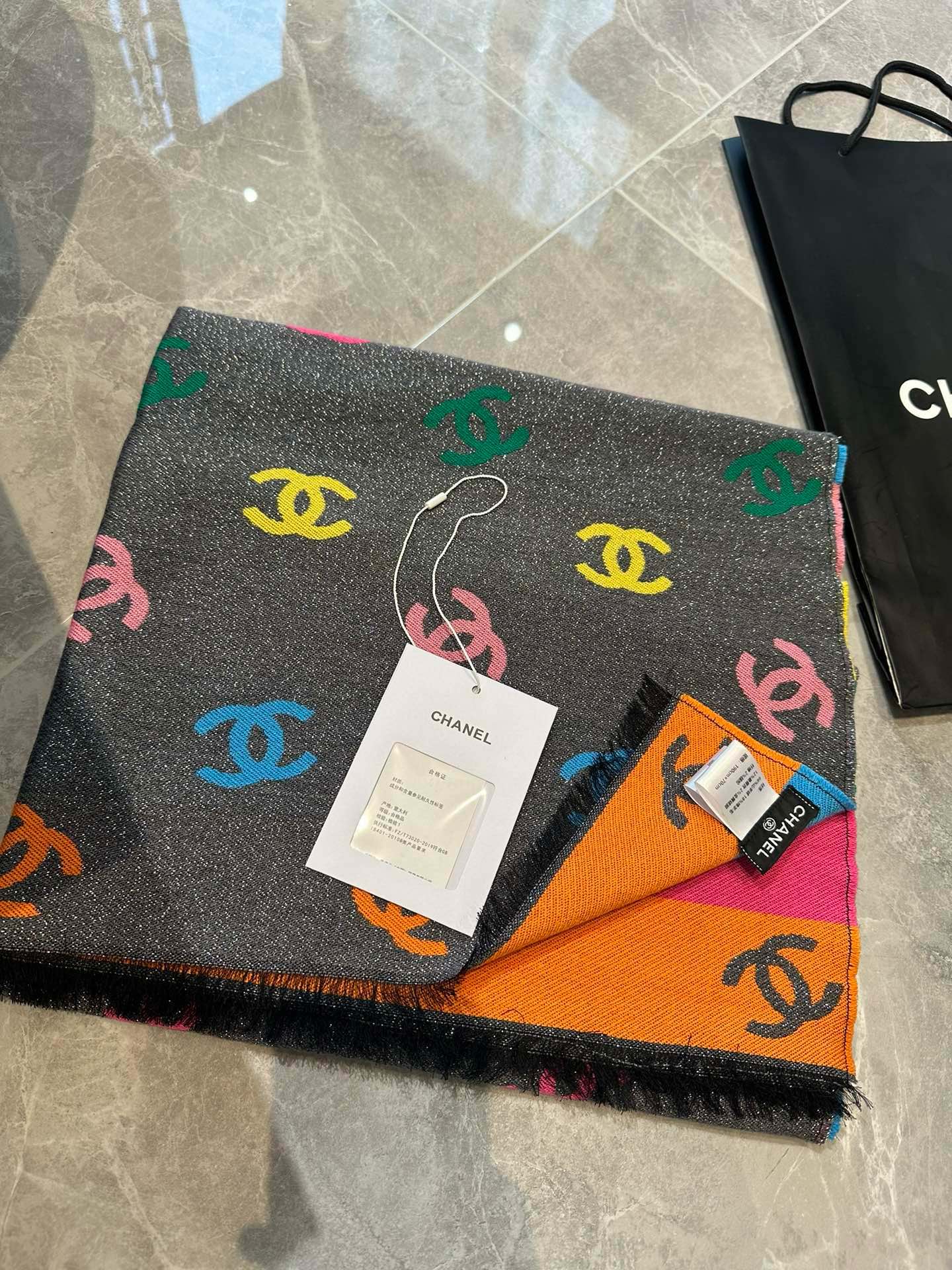 CC Scarf 180 CM In Black Mix Rainbow Cashmere And Wool Mix Mulberry Silk 401988