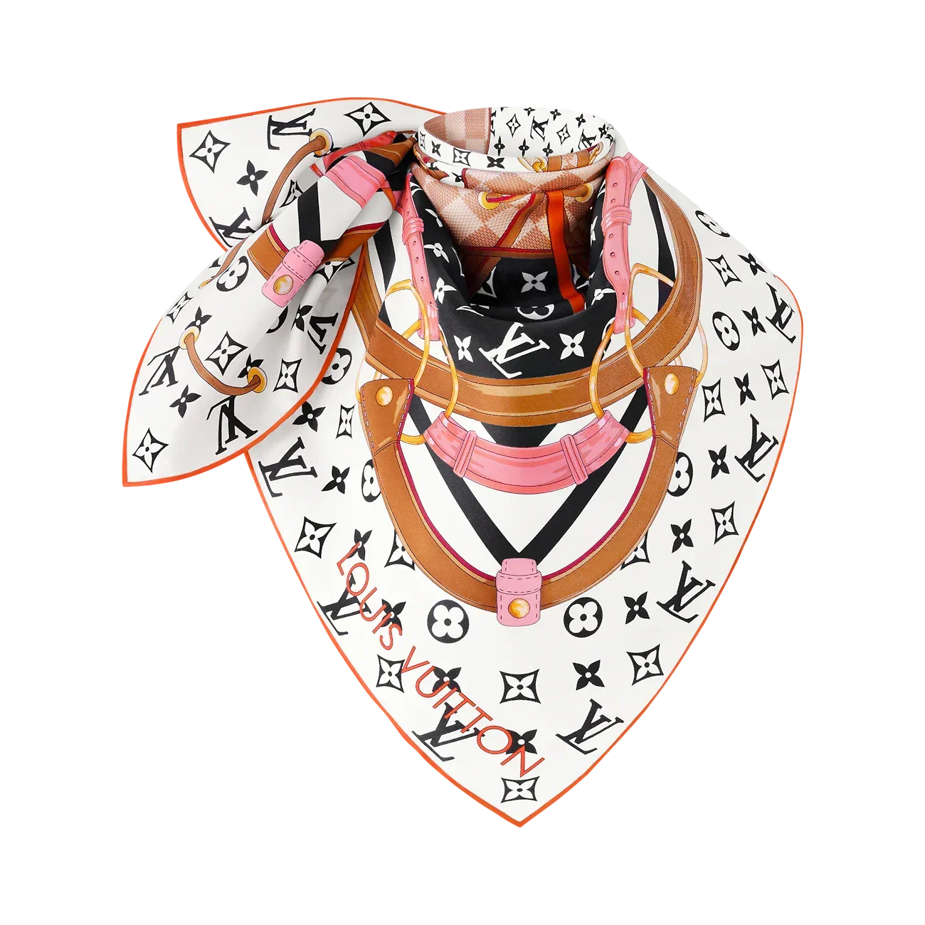 LV Double Sided Scarf 90 White Orange Monogram Cashmere Silk 168752