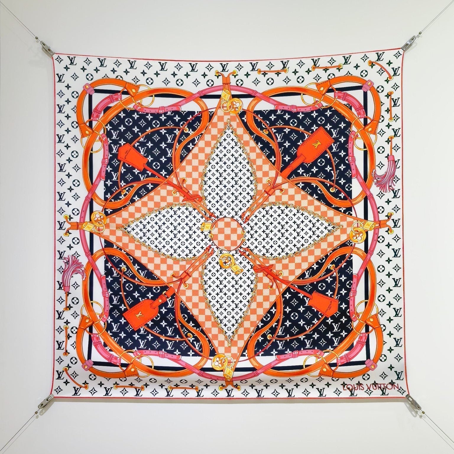 LV Double Sided Scarf 90 White Orange Monogram Cashmere Silk 168752