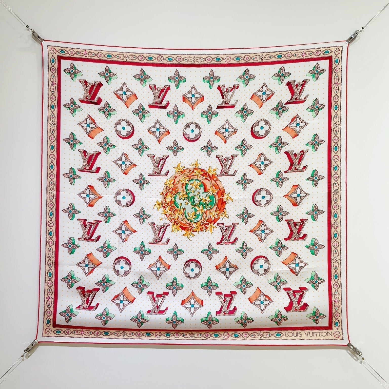 LV Double Sided Scarf 90 White Pink Colorful Monogram Mulberry Silk 169336