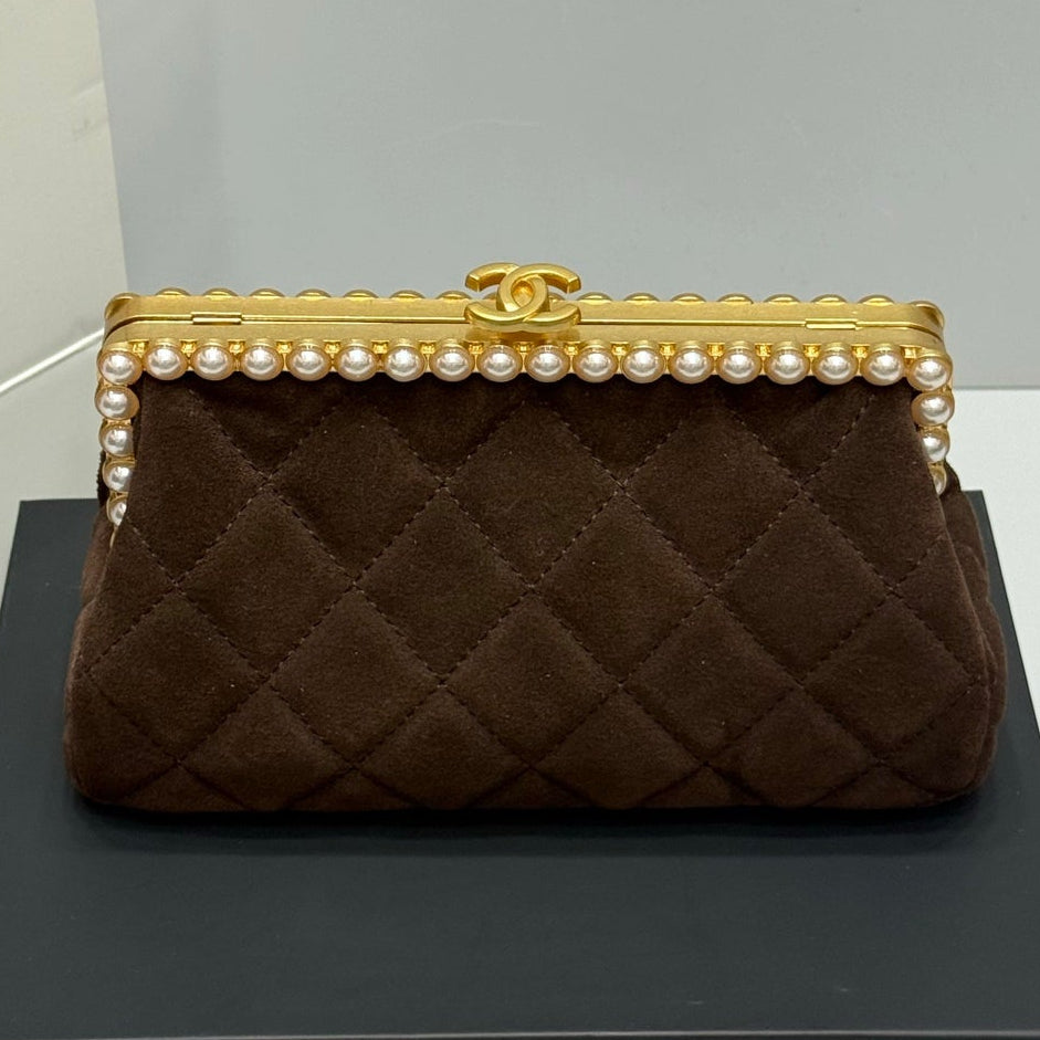 Chanel 2026 Pearl Clutch Brown Gold Velvet Leather