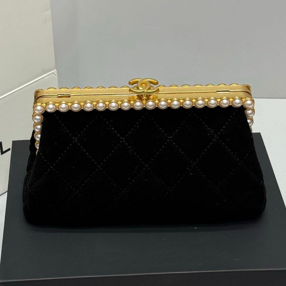 Chanel 2026 Pearl Clutch Black Gold Velvet Leather