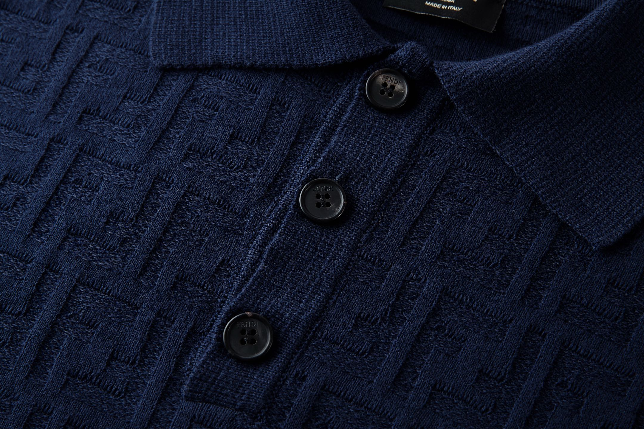 Fendi 2026 Men's Double F Polo Shirt Navy Blue Knitted Cotton 824166
