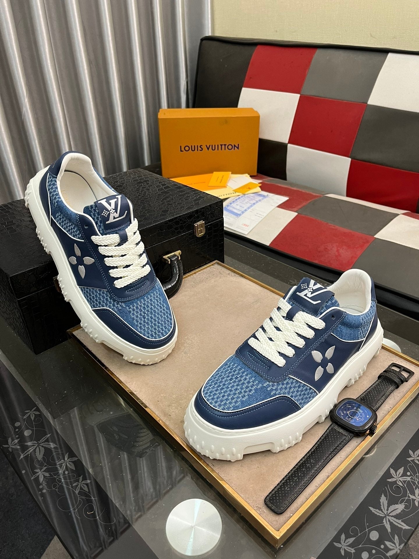 LV SNEAKER IN NAVY BLUE MONOGRAM CALFSKIN AND DENIM