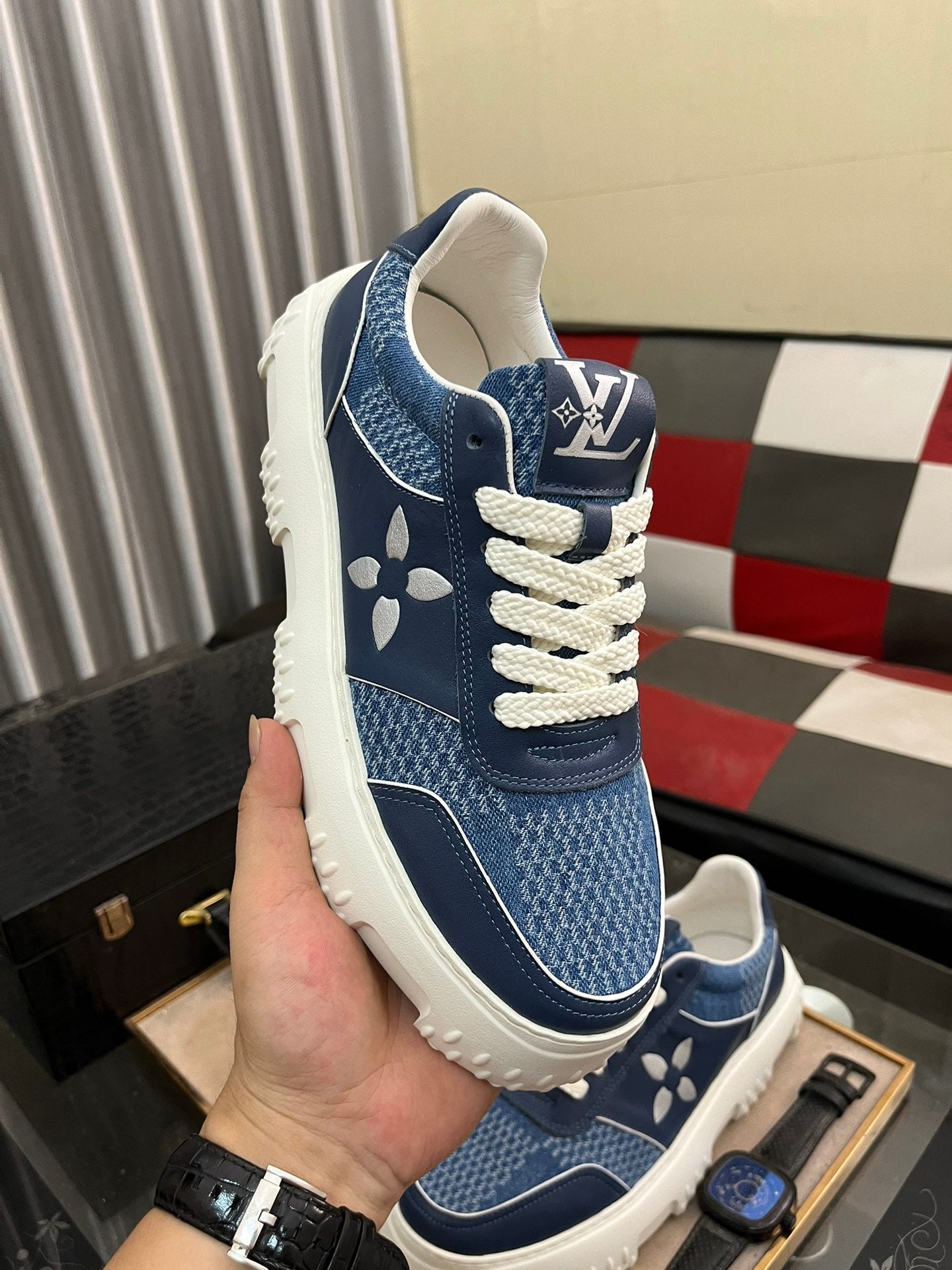 LV SNEAKER IN NAVY BLUE MONOGRAM CALFSKIN AND DENIM