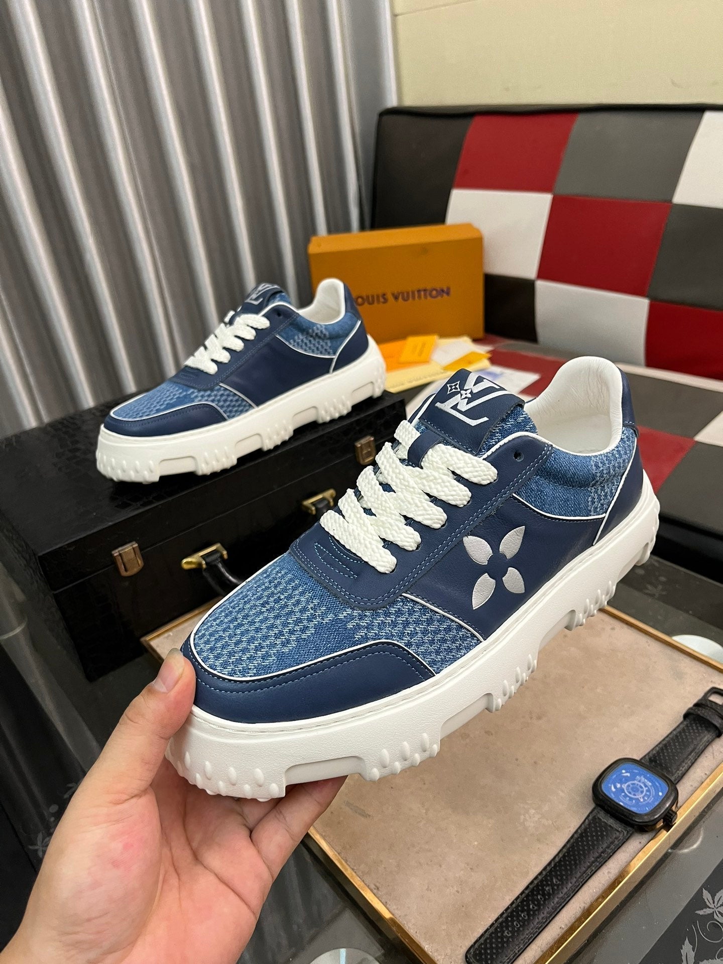 LV SNEAKER IN NAVY BLUE MONOGRAM CALFSKIN AND DENIM
