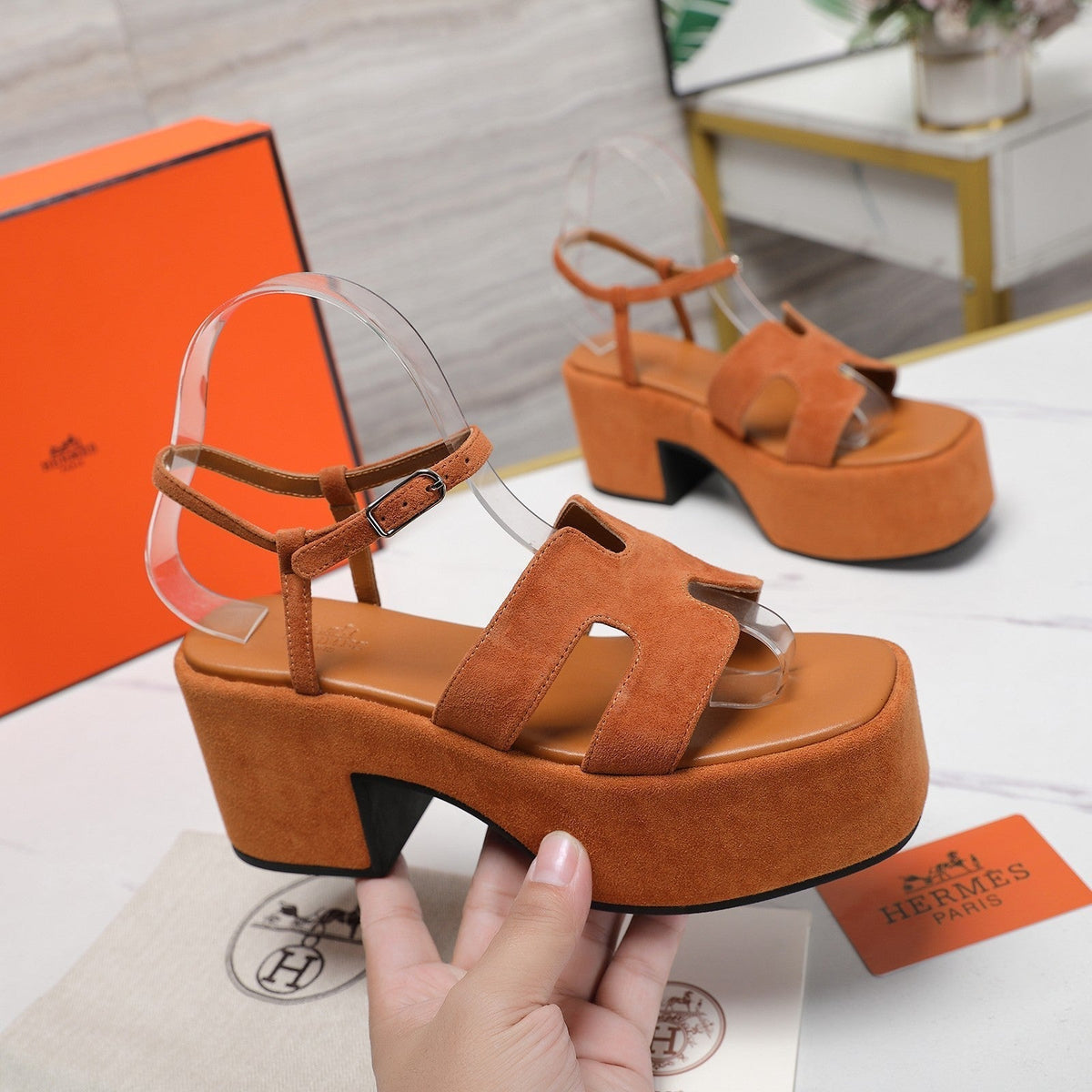 HM Jam 70 sandal In Brown Orange Suede 120311