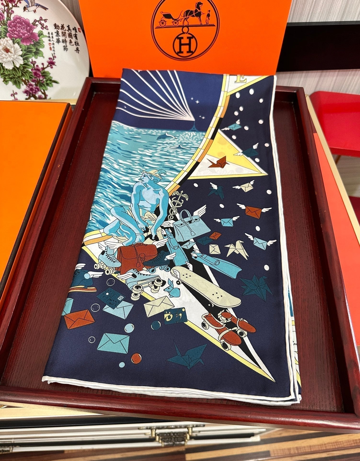 Flagship Silk Scarf 90 CM Charcoal Blue Colorful
