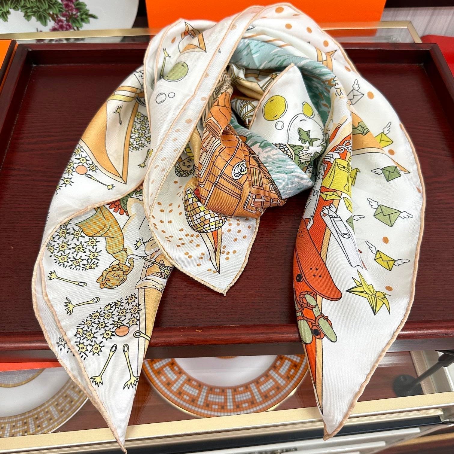 Flagship Silk Scarf 90 CM White Colorful