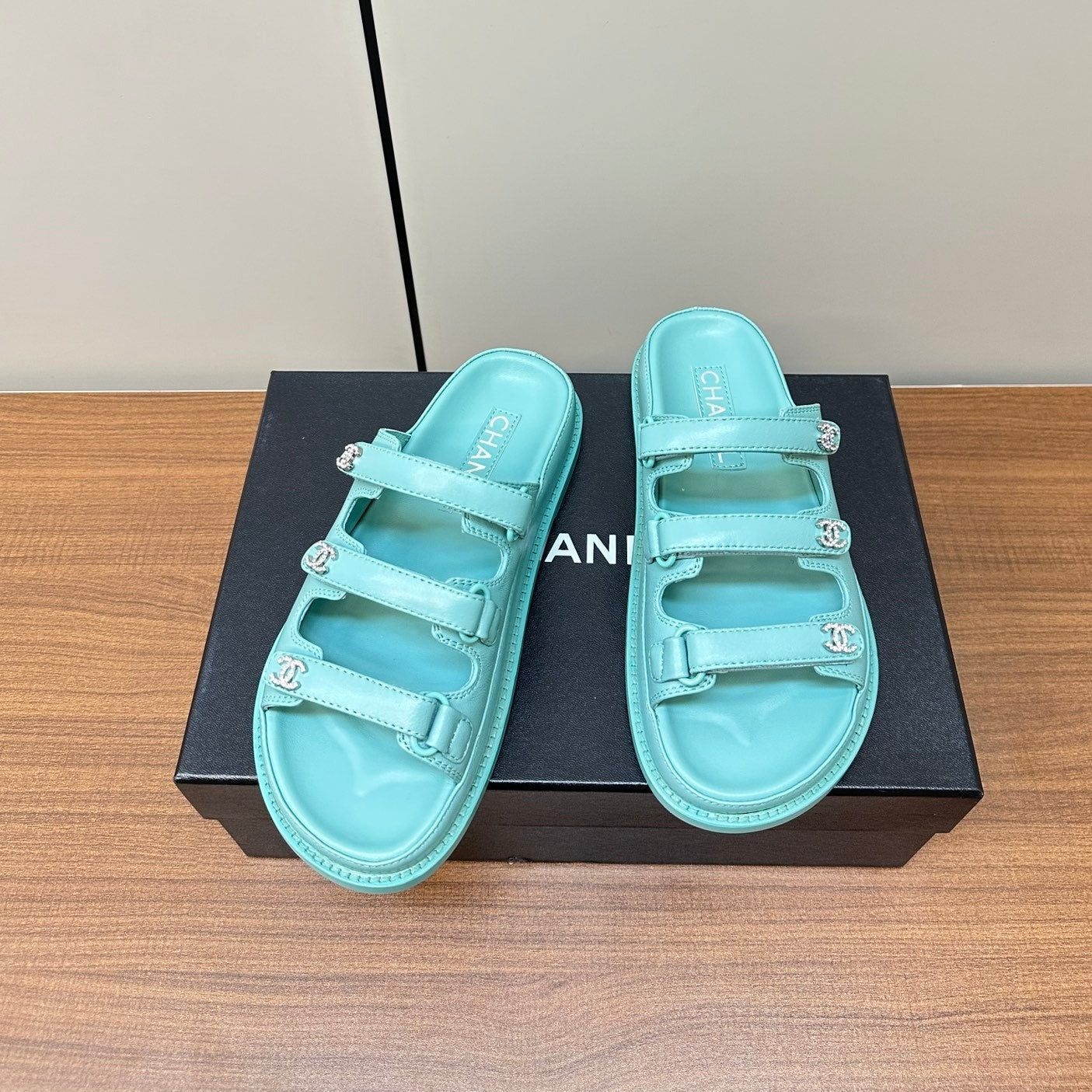 dad sandals sky blue triple strap lambskin mules