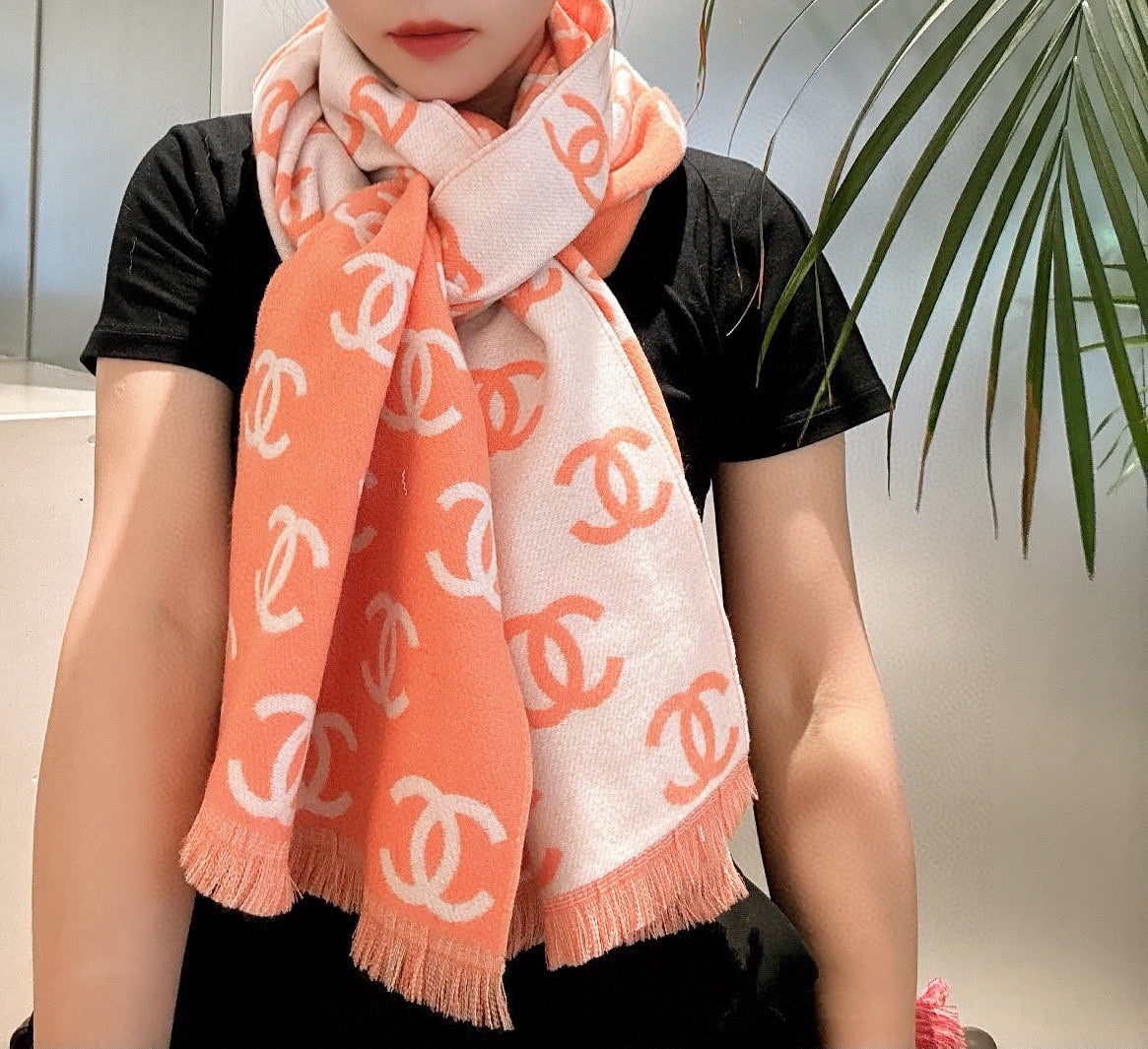 CC Scarf 180 CM In Orange Mix Beige Print Logo Wool And Cashmere 359269