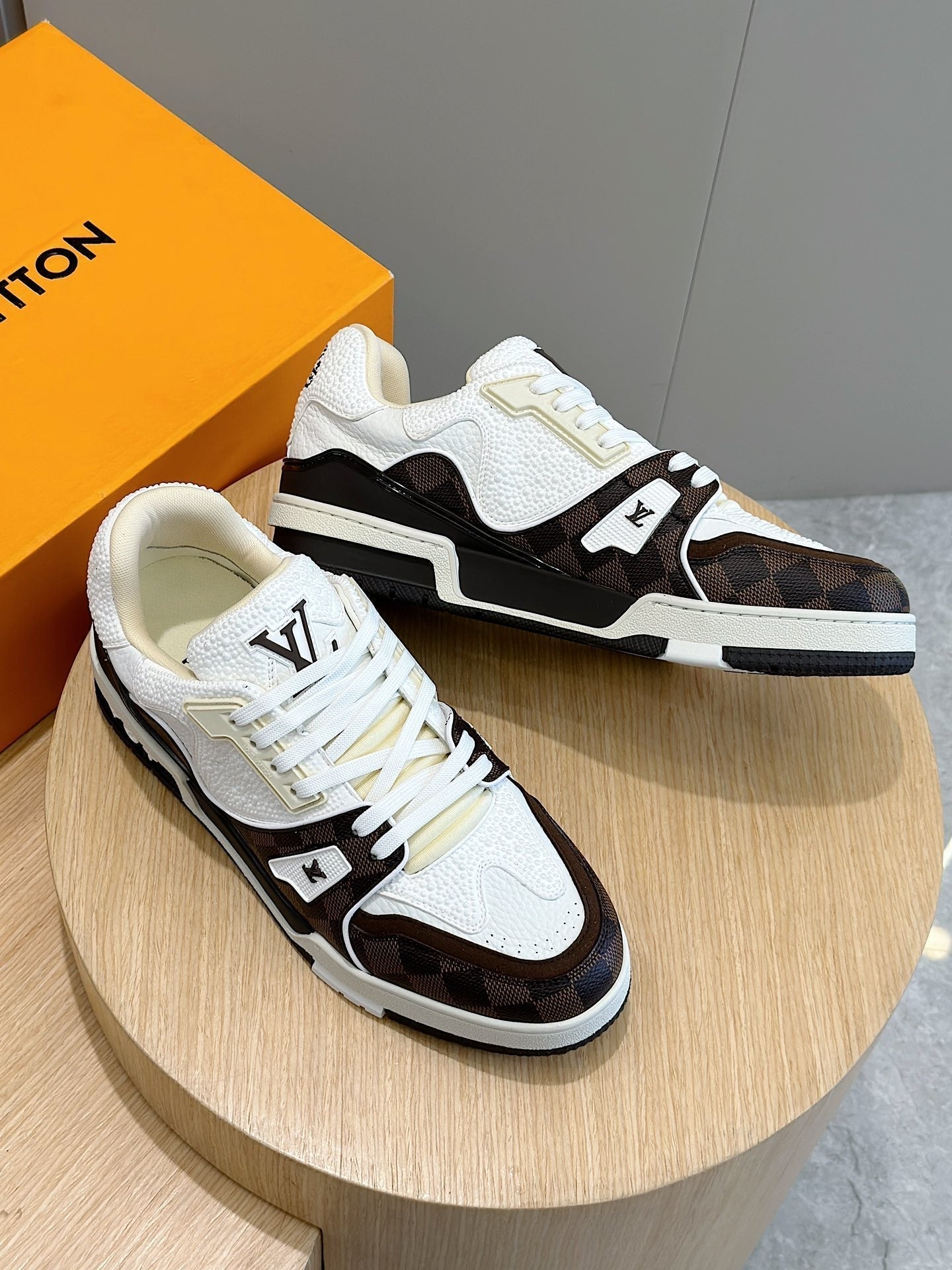 LV TRAINER CHOCOLATE BROWN DAMIER MIX WHITE GRAINED CALFSKIN