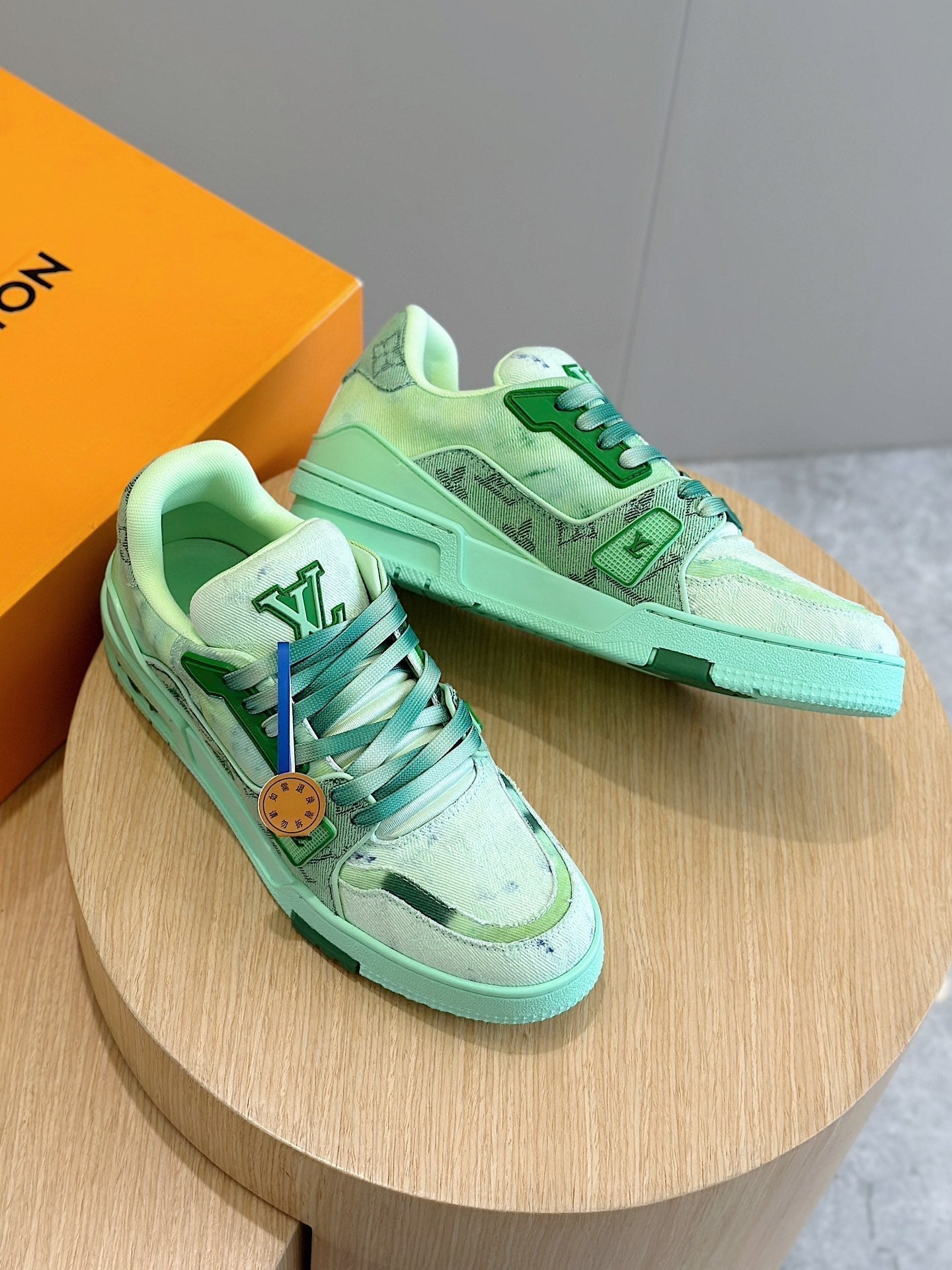 LV TRAINER SNEAKER LIGHT GREEN MONOGRAM DENIM AND CALFSKIN