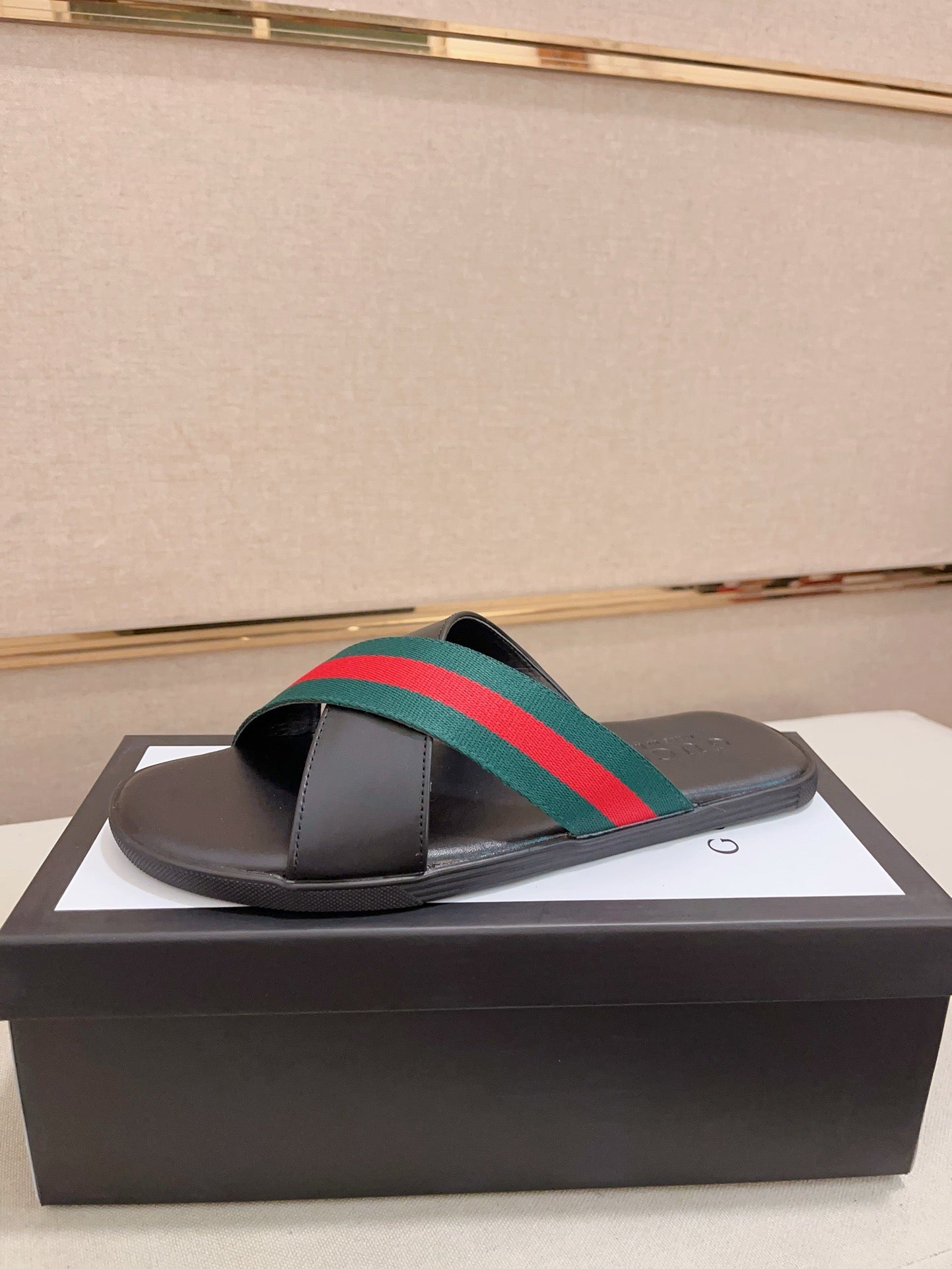 GG Men's Web Slide Black Green Cowhide 554606