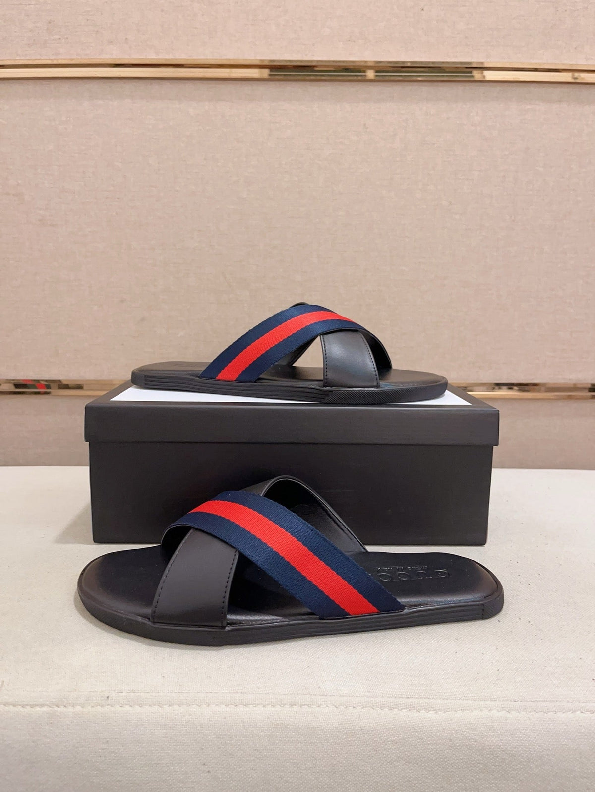 GG Men's Web Slide Black Blue Cowhide 554607