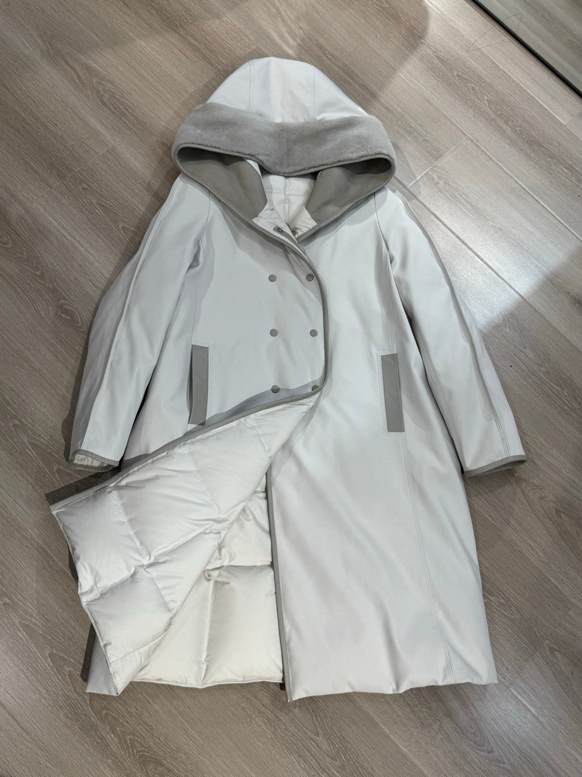 LP 25 Hooded Long Goose Down Light Gray Jacket with Fur Trim 124985