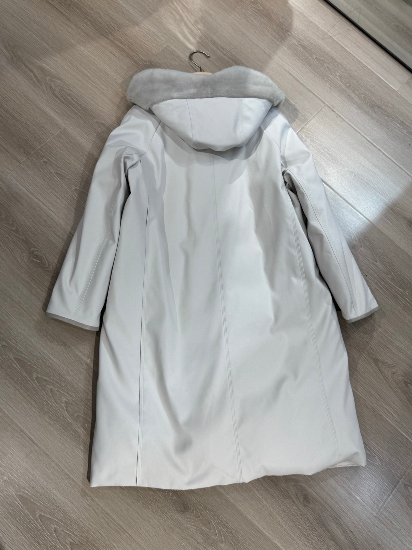 LP 25 Hooded Long Goose Down Light Gray Jacket with Fur Trim 124985