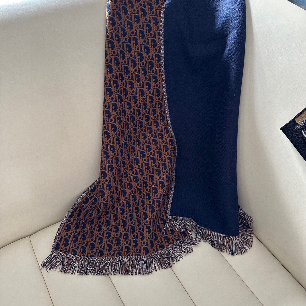 Dior 2026 Oblique Scarf 200cm Brown Mix Navy Blue Wool 199289