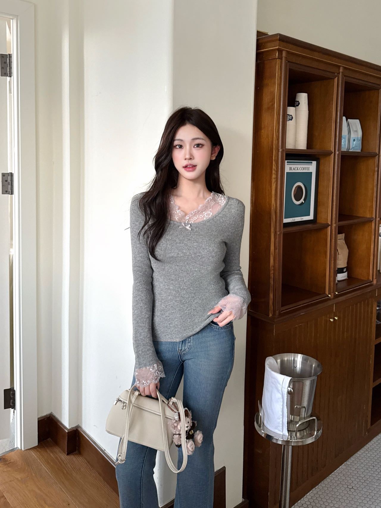 Miumiu 2026 Lace-trimmed Base Layer Top Grey Wool