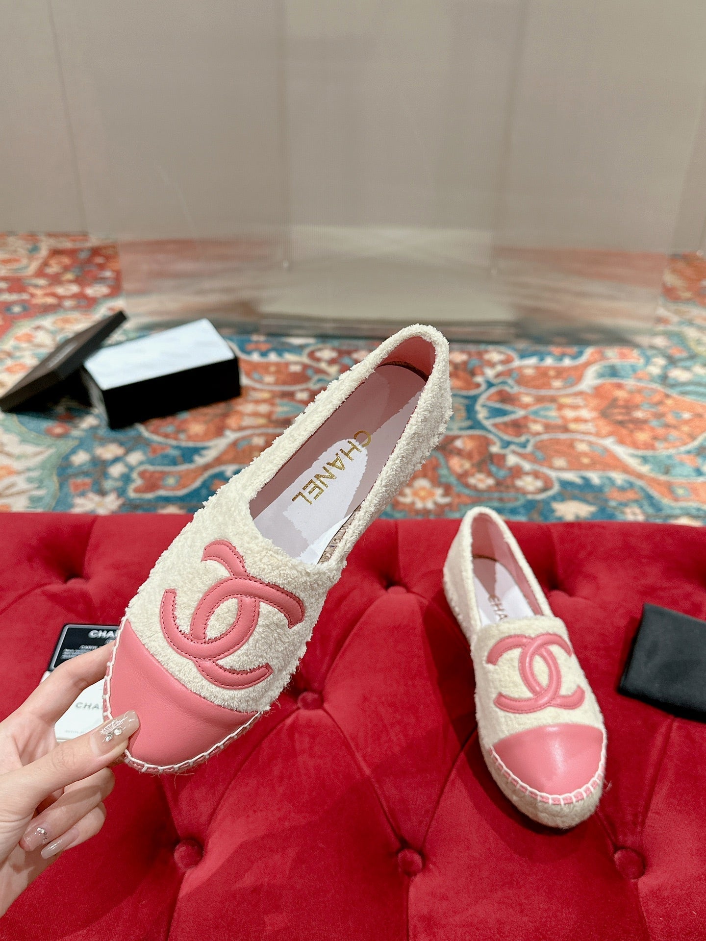 cc espadrilles beige fleece fabric pink calfskin