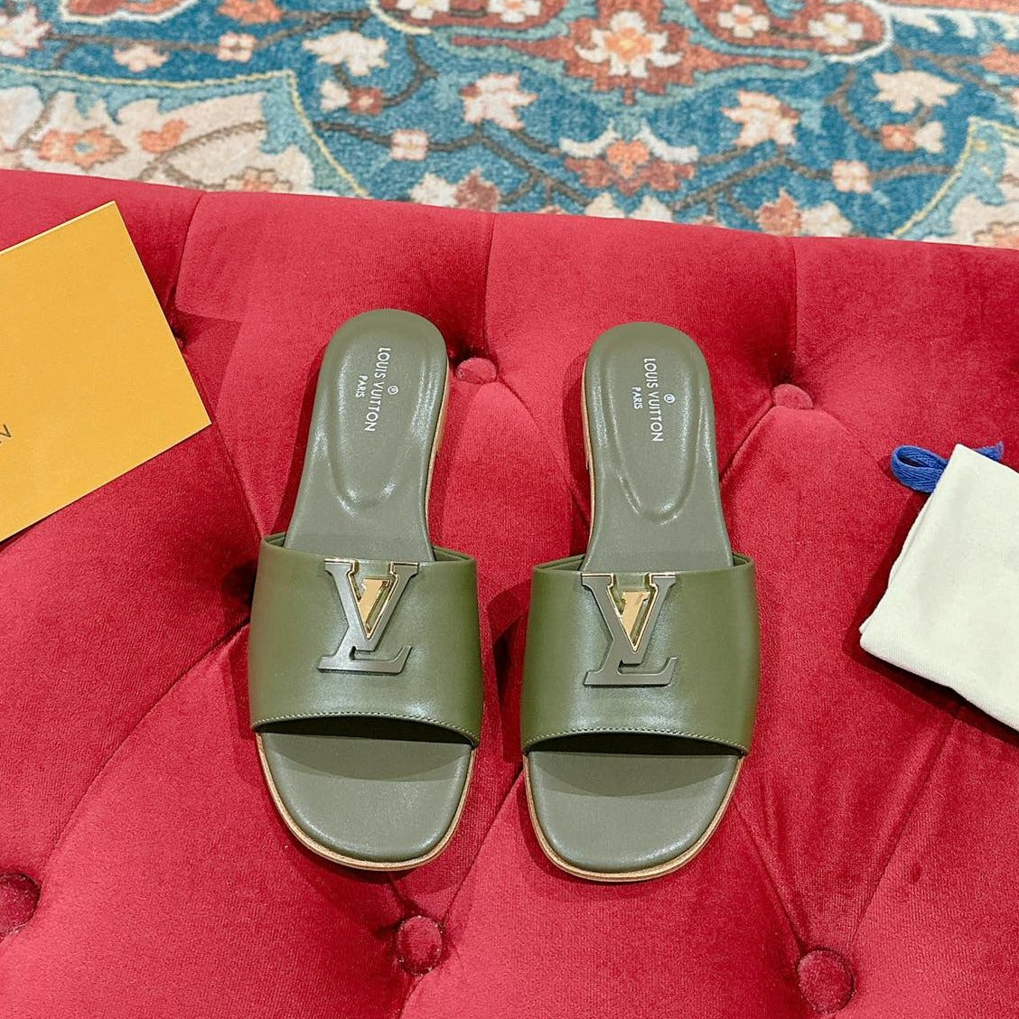 lv capri flat mule khaki green calfskin