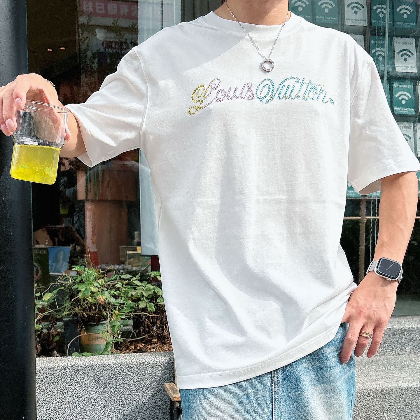 LV 26A Short-Sleeve T-Shirt White Rhinestones Cotton 406012