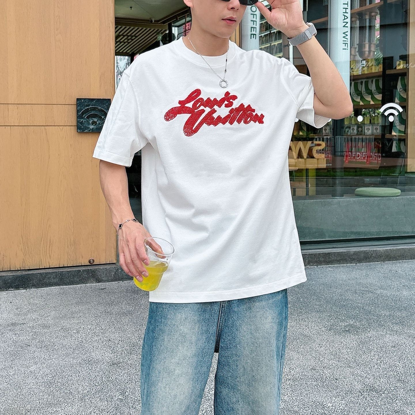 LV 26A Short-Sleeve T-Shirt White Red Cotton 406014