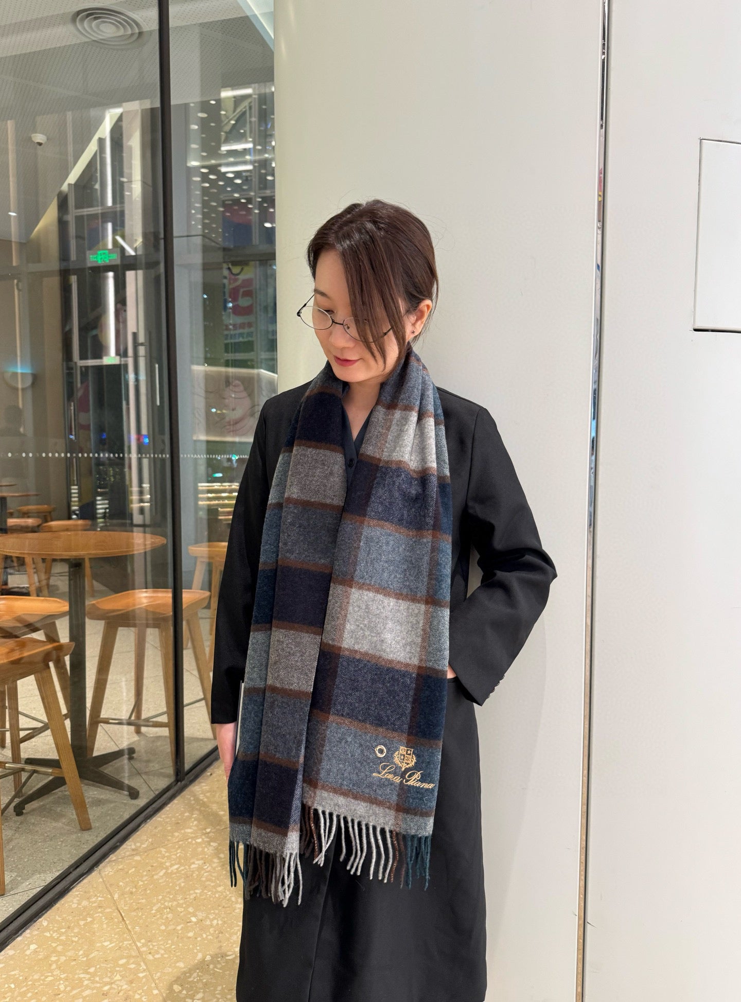 BBR Classic Embroidered Scarf 185CM Blue Cashmere 292819