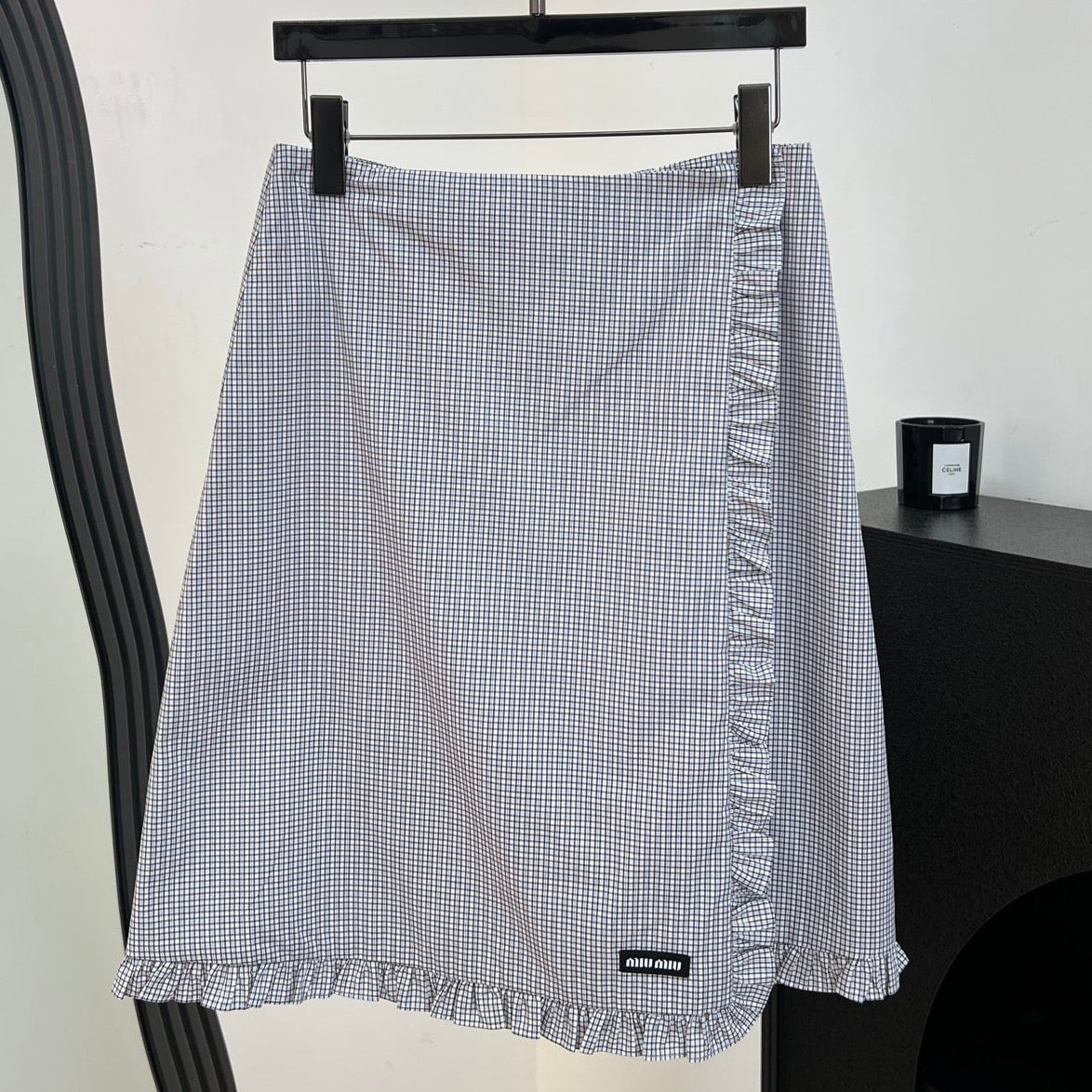 Miumiu 2026 Plaid Ruffled Hem Skirt Grey Cotton 434133