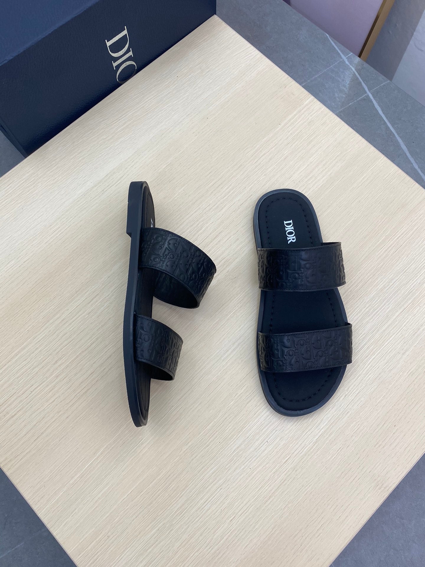 CD DOUBLE STRAP SLIPPER BLACK MONOGRAM CALFSKIN