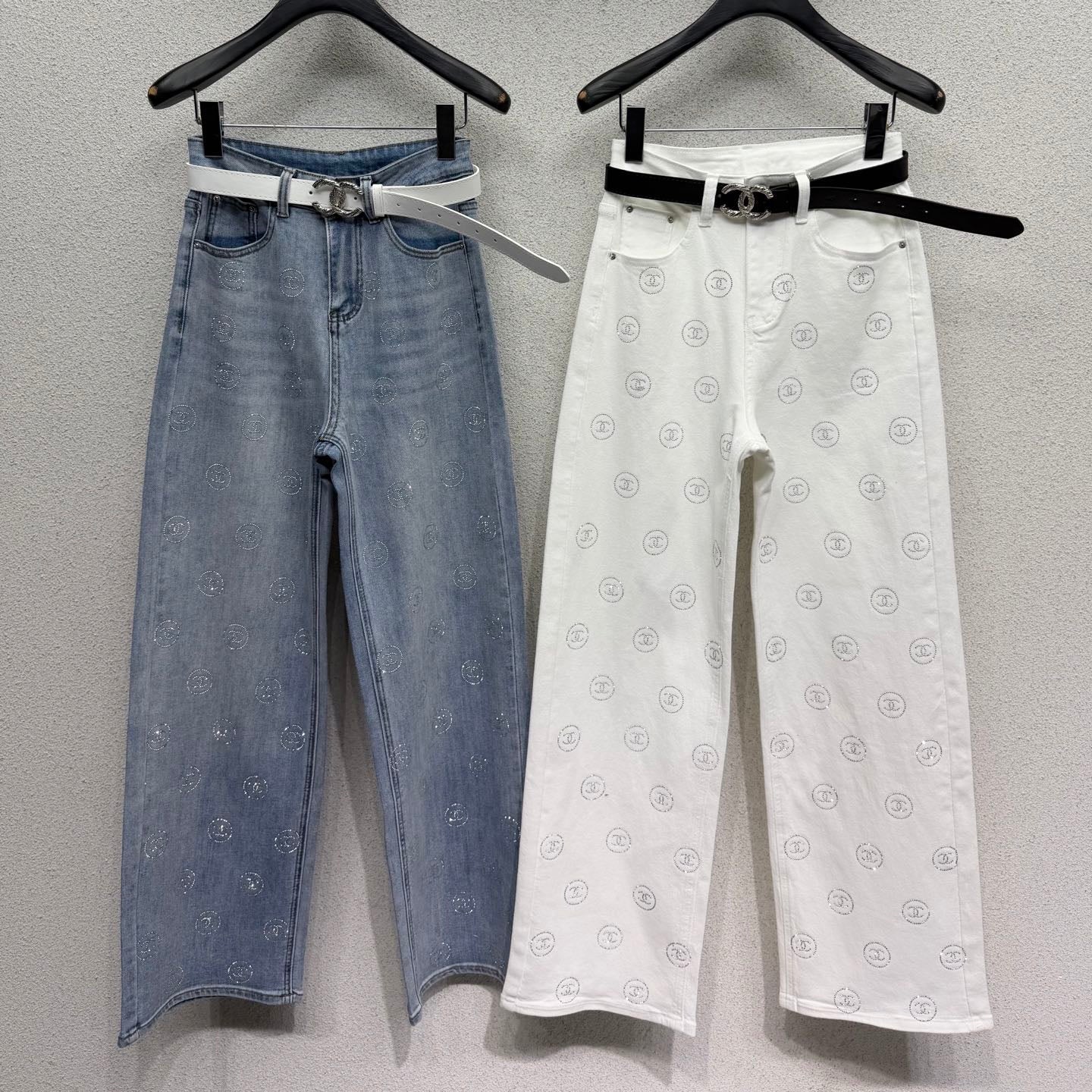 Chanel 2026 Rhinestone-studded Straight-leg Wide-leg Jeans With Belt Cotton 108397