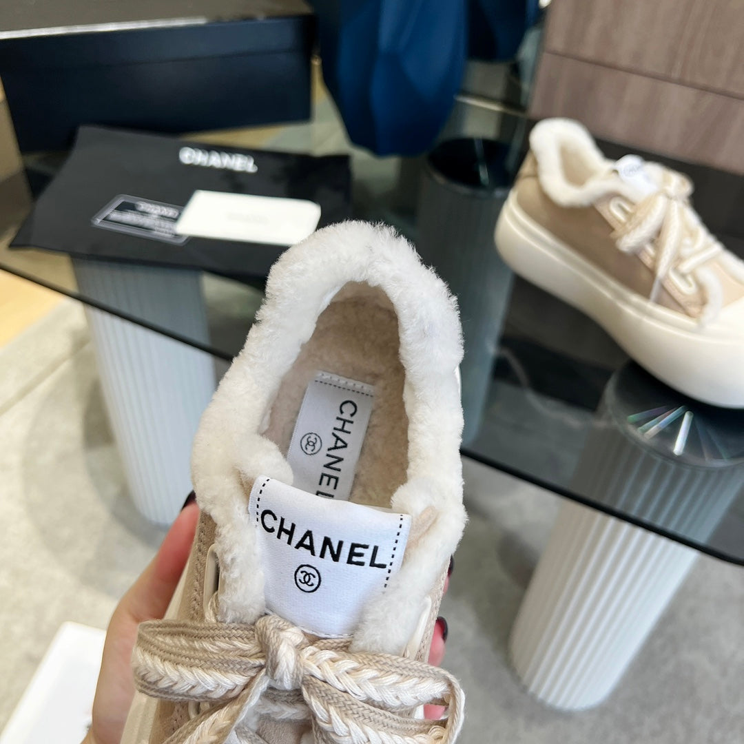 CC Sneaker Thick-Soled Beige Suede Wool Lining Fleece