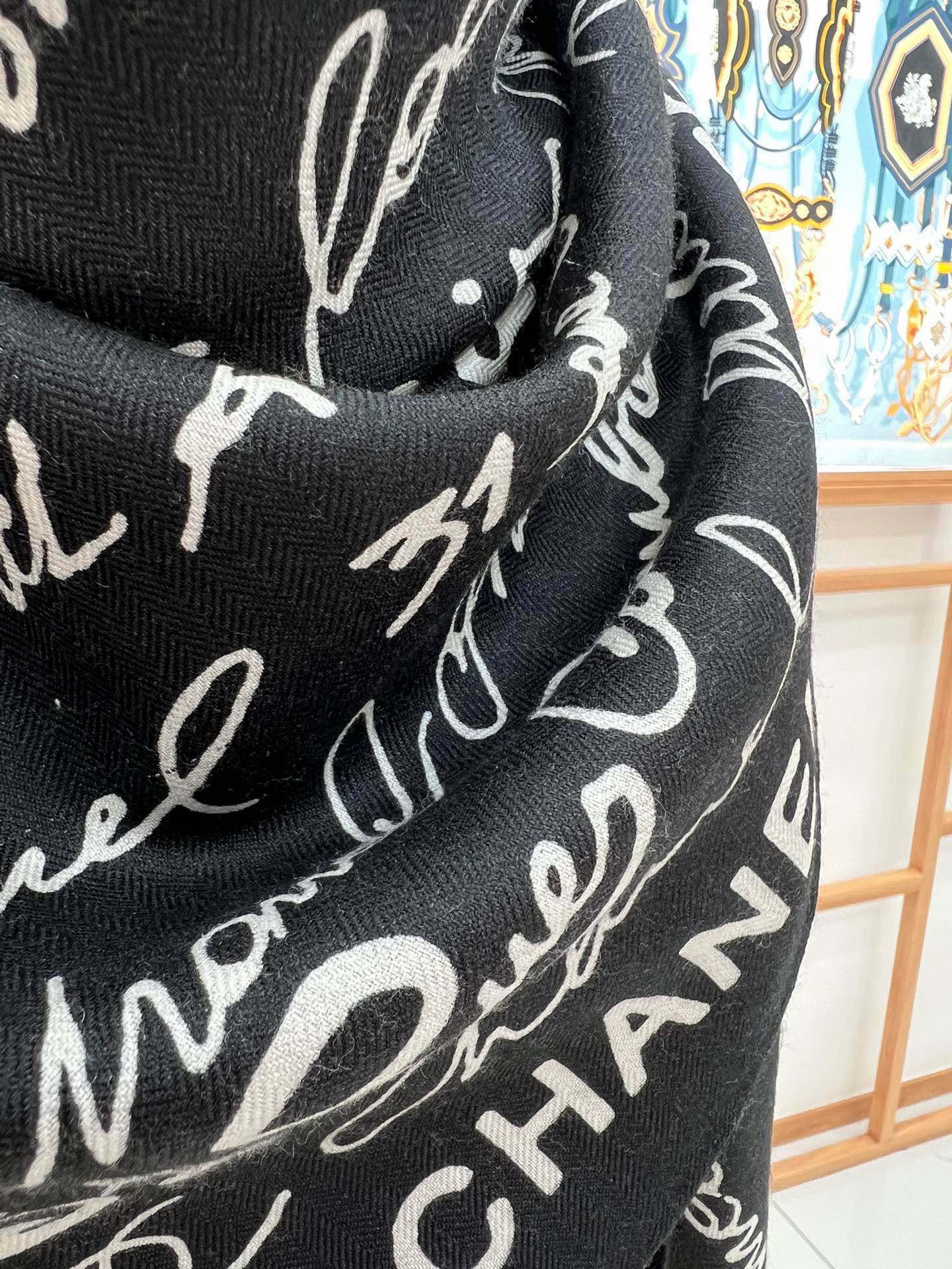 CC Square Scarf 140 CM In Black With White Text Cashmere And Silk 286378