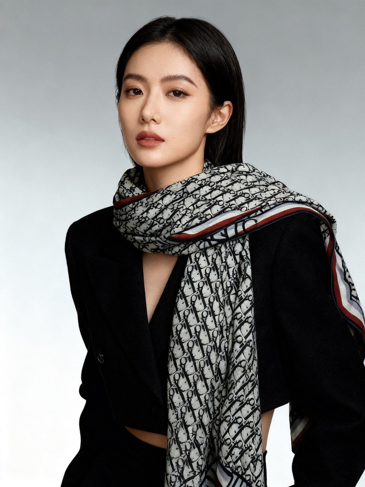 CD Monogram Scarf 140CM Dark Blue Cream Cashmere 293188