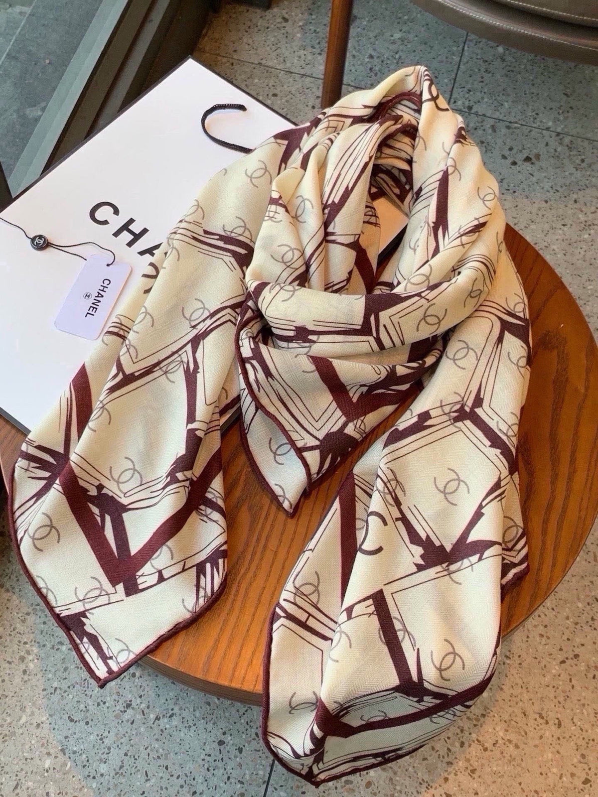 Chanel 2026 Geometric Scarf 135cm Burgundy White Silk And Cashmere 214970