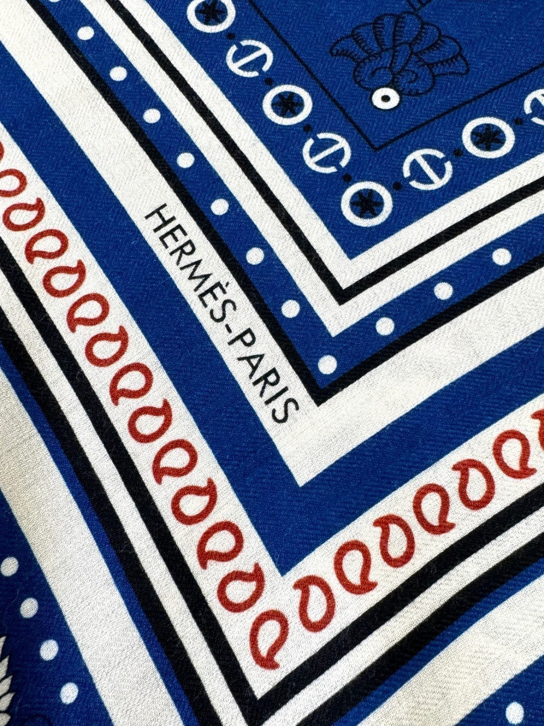 Tatouages Marins Bandana Shawl 135 CM Dark Blue Mix White Red Cashmere And Silk 401090