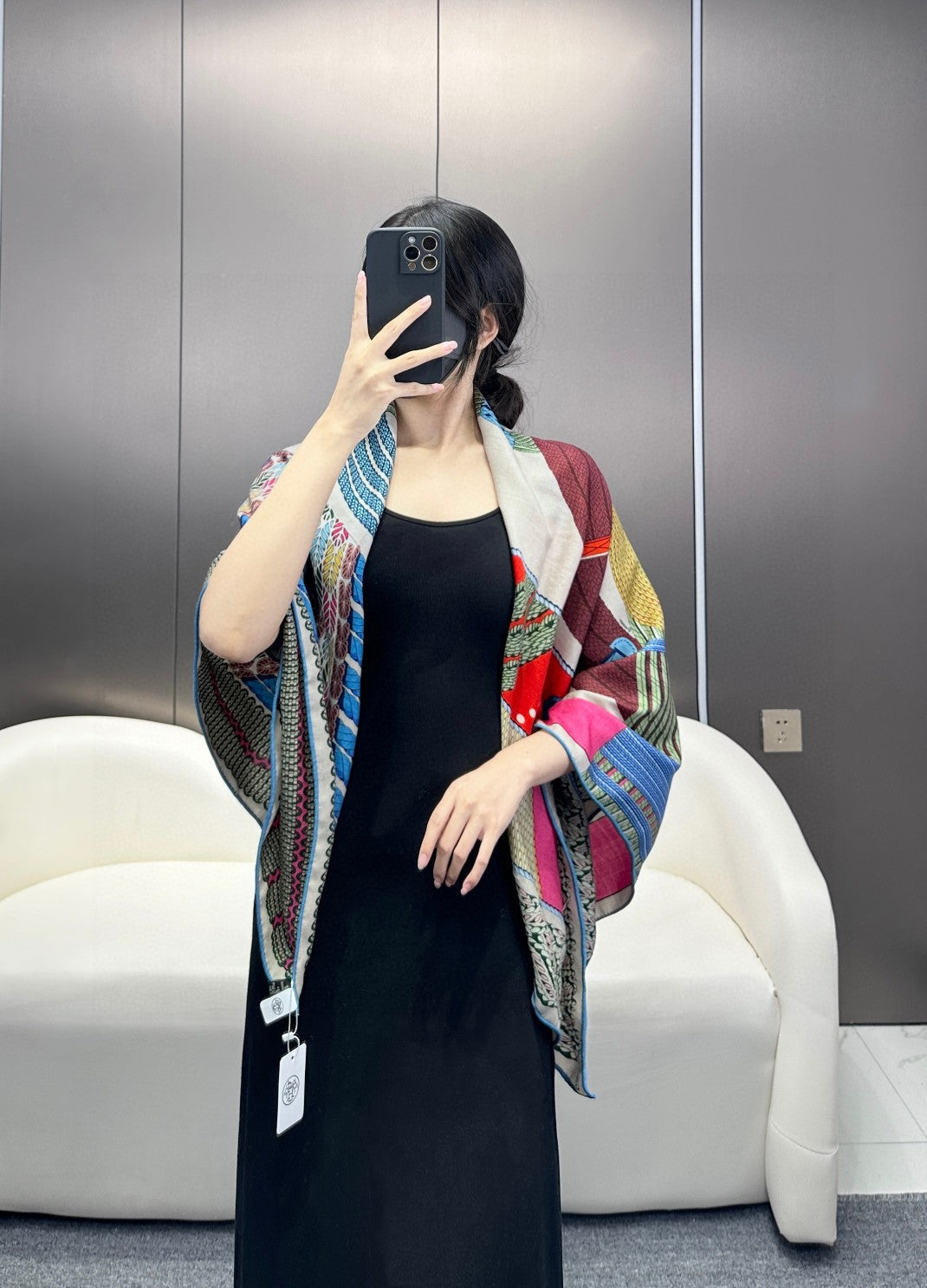 Dressage Tressage Shawl 140 CM In Blue Black Colorful Silk