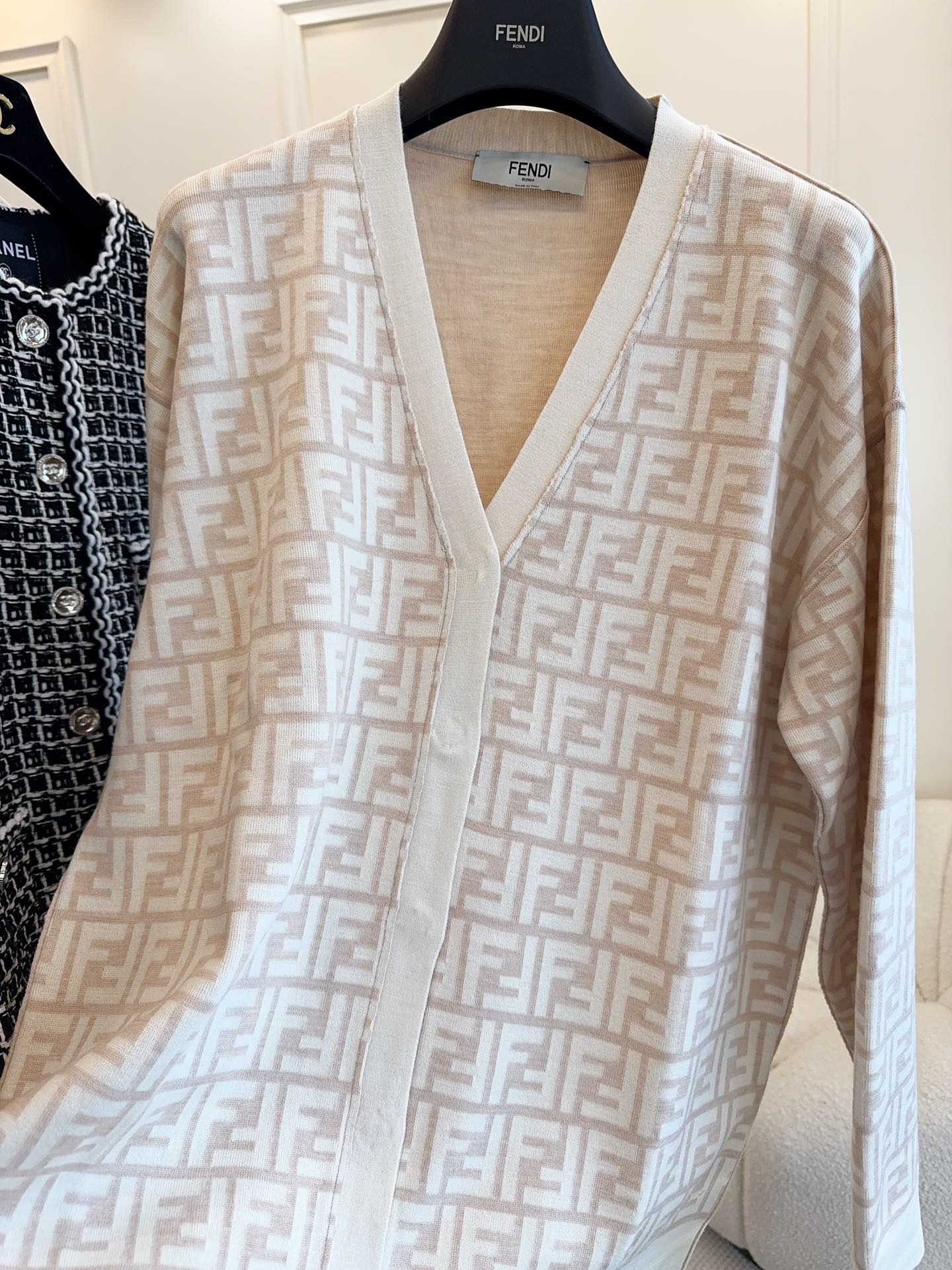 Fendi Monogram Cardigan Beige Wool