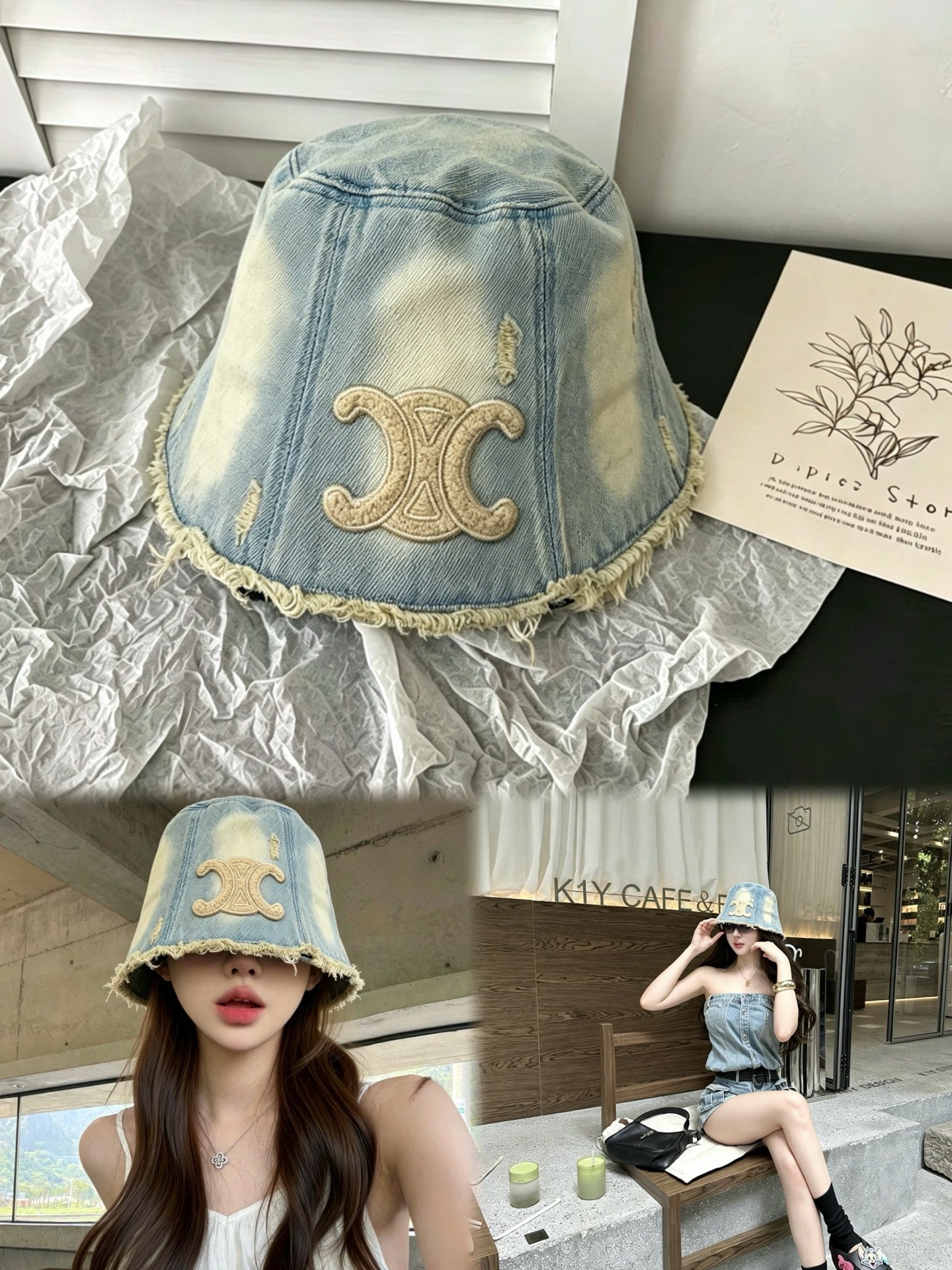 Celine Denim Bucket Hat With Embroidered Triomphe Logo 212952