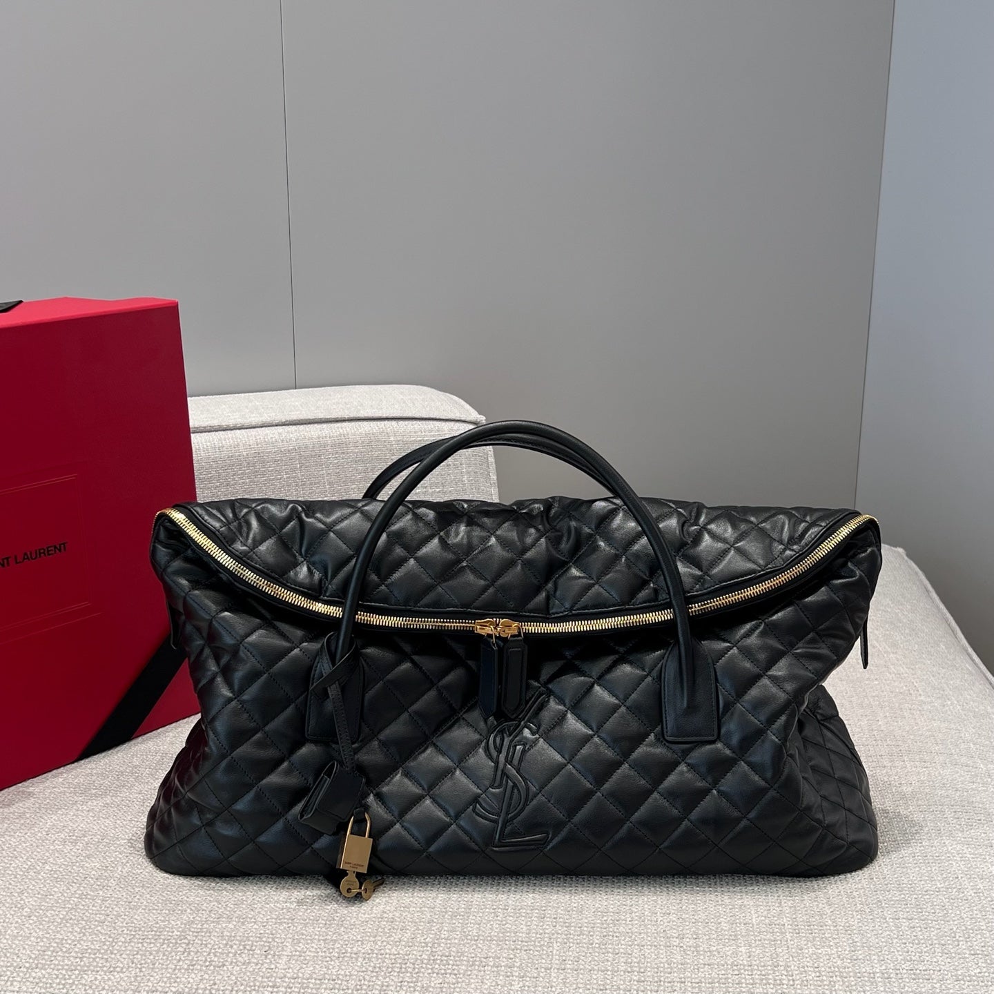 YSL Travel Bag 59 Black Quilted Calfskin Leather Gold Hardware