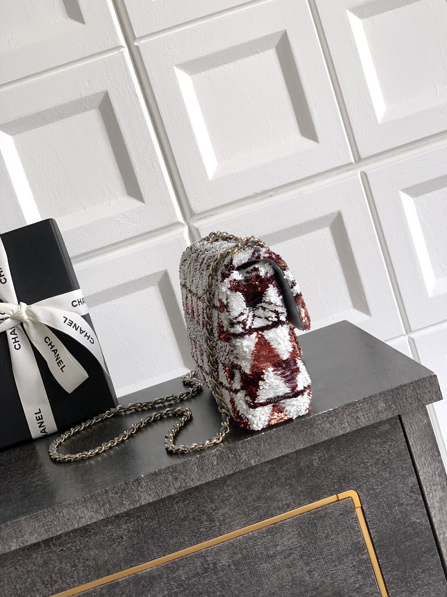 Chanel 2026 Flap Bag 20cm Red mix White Sequin Leather