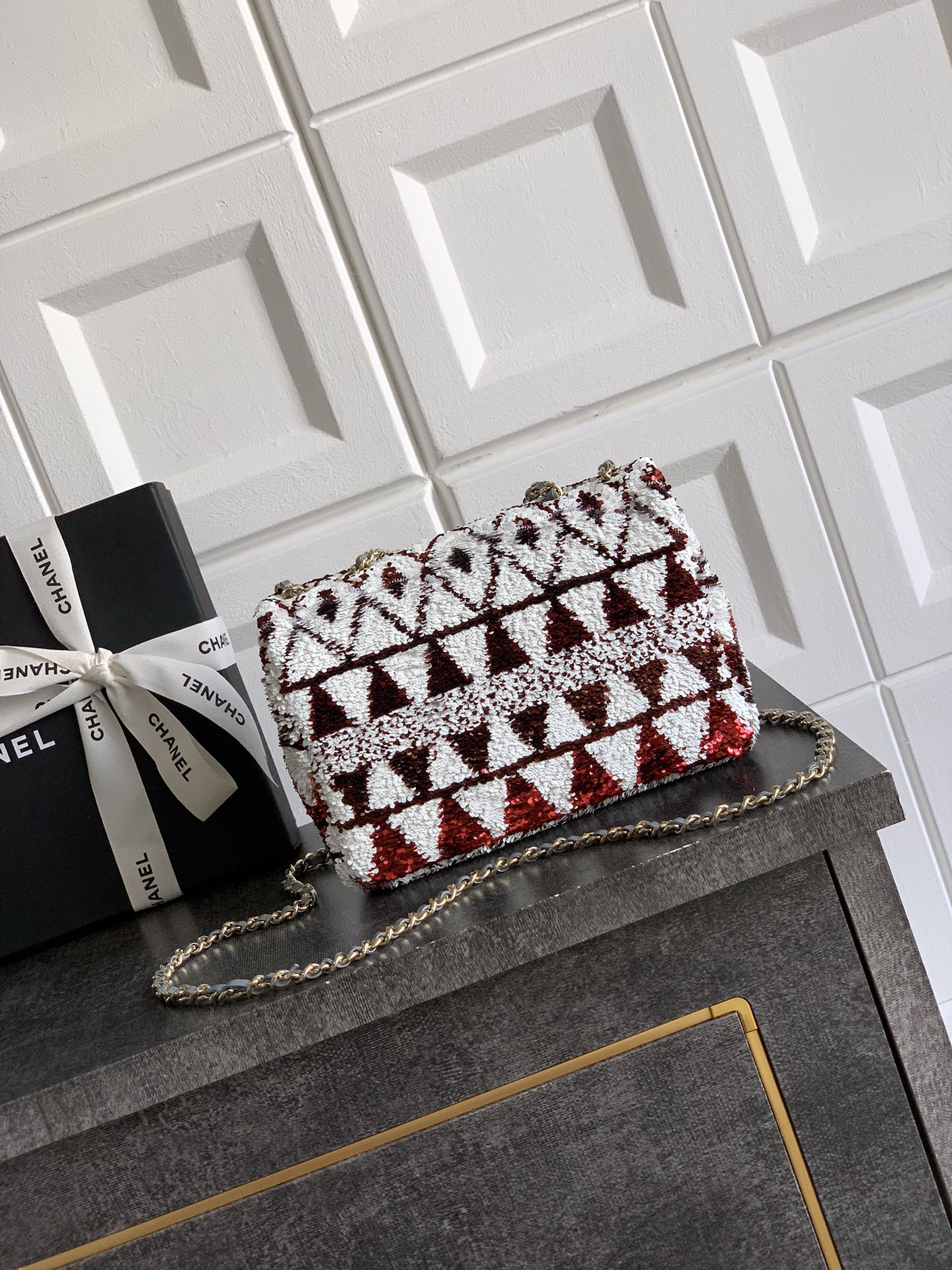 Chanel 2026 Flap Bag 20cm Red mix White Sequin Leather