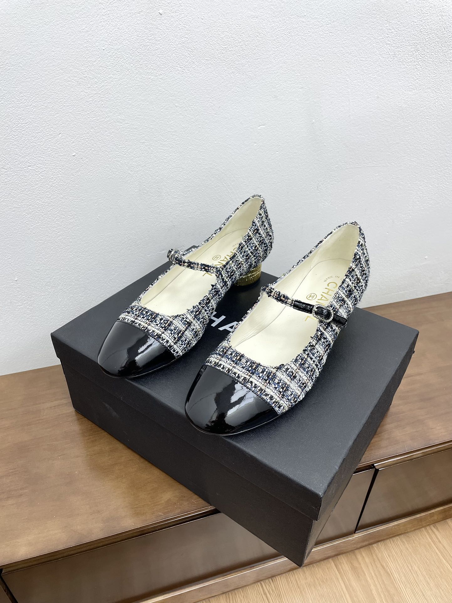 CC Mary Jane Black Tweed Farbic And Cowhide